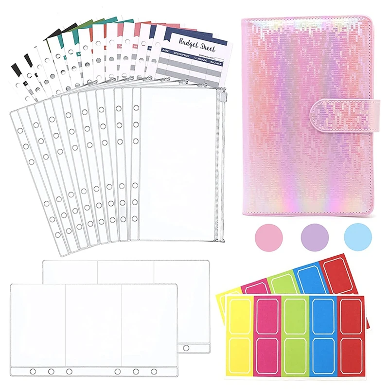 

A6 PU Binder Notebook,Organizer 6 Ring Binder Cover,Budget Cash Envelopes System,Budget Sheets,A6 Binder Zipper Pocket