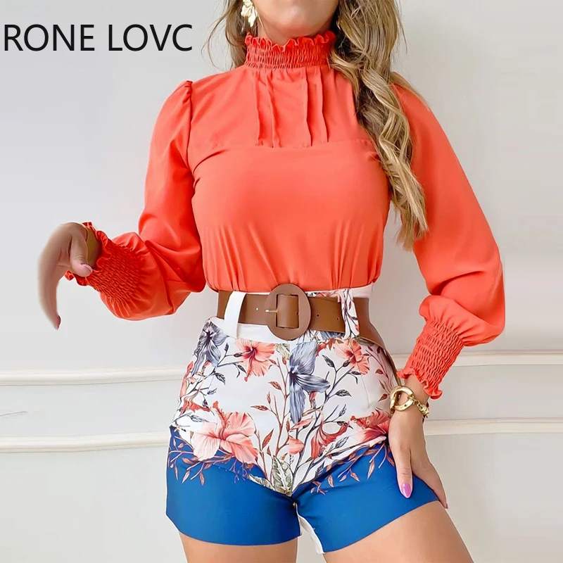 

Women Elegant Sashes Stand Collar Long Sleeves Solid Crop Top Floral Print Bottom Fashion Working Short Sets