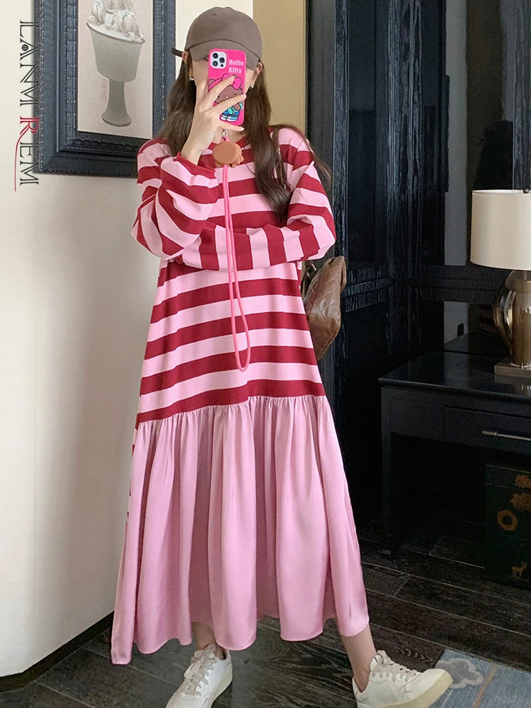 

LANMREM повседневное Полосатое платье с соединением для женщин с круглым вырезом и длинными рукавами ТРАПЕЦИЕВИДНОЕ контрастное цветное платье Мода 2023 Осень новинка 2AA3127