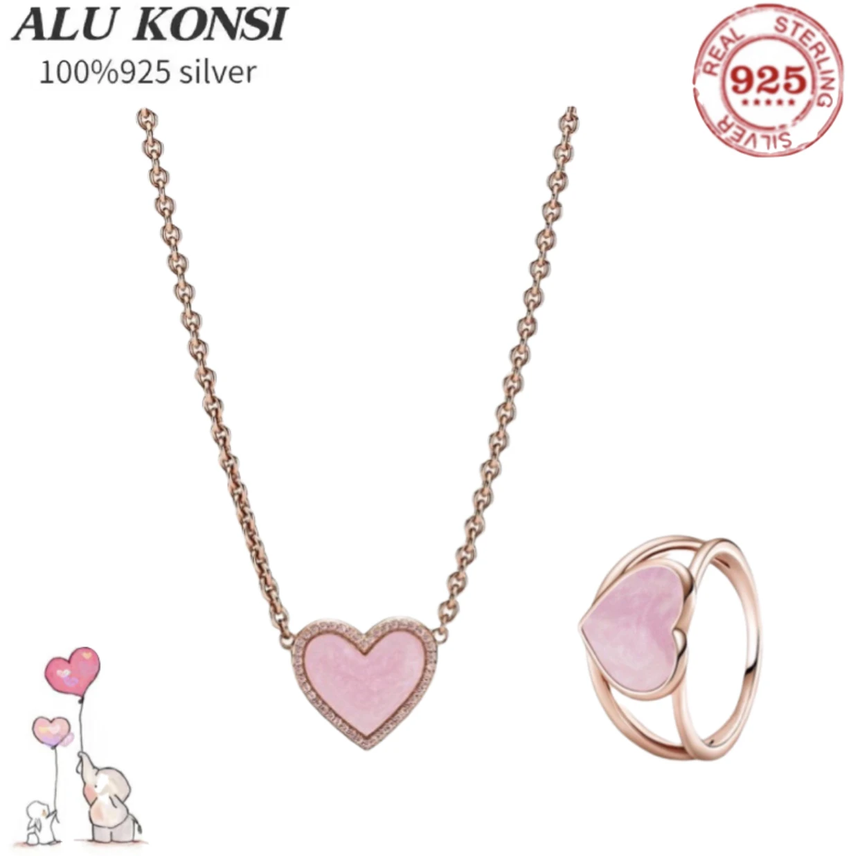 

2021 new Hot sale luxury Real 925 Sterling Silver Authentic pan necklace For Women Pink heart Rose gold fashion wedding Jewelry