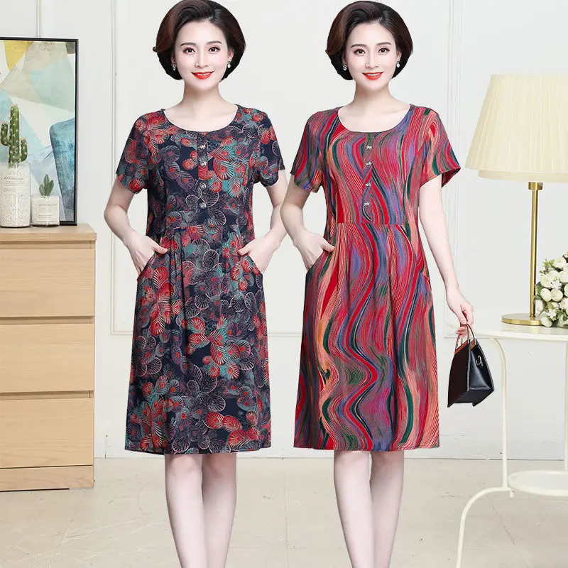 

2022 Summer New Middle Aged Women Casual Printed Short Sleeve Dress Elegant Party Dresses 5XL Fashion Vestidos O17