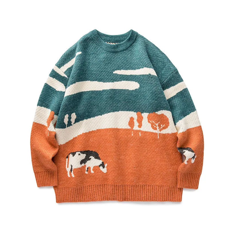 

Harajuku Cow and Prairie Man Knitted Sweaters Literary Style O-Neck Long Sleeve Thick Warm Pullovers Green Plush Loose Jumpers