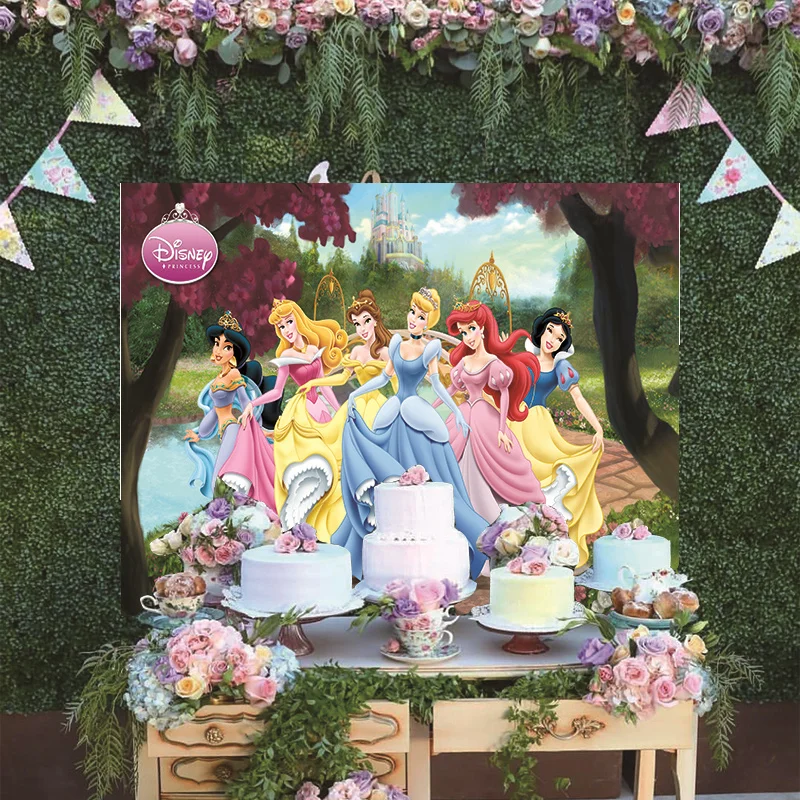 

Cartoon Disney Princess Snow White Beauty And The Beast Belle Cinderella Castle Backdrop Birthday Party Decoration Background