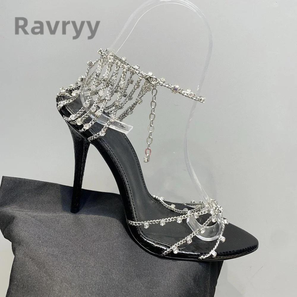 2023 Summer New Super High Heel Sandals Silver Rhinestone Chain Slim Heel Versatile Sandals Leather Open Toe Women\'s Shoes