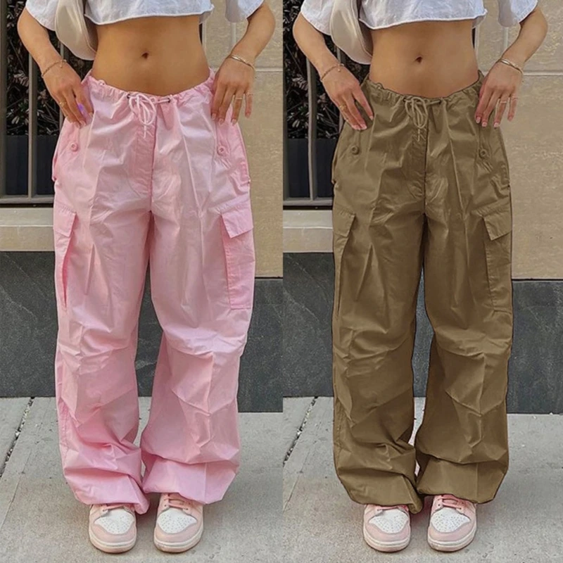 

Брюки-карго Женские Мешковатые, свободные штаны из парашюта с заниженной талией и широкими штанинами, джоггеры с завязками, Y2k