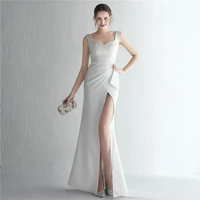 women simple party dress long elegant wedding evening dresses 2022 sleeveless v neck pleated slit cocktail formal gowns solid