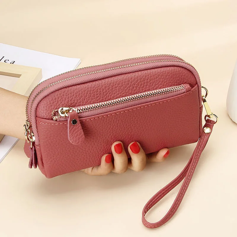 Portable Nice Cowhide First Layer Cow Leather Lady Handbag Wrist Strap Style Women Coin Purse Small Items Holder Card Cash Bags