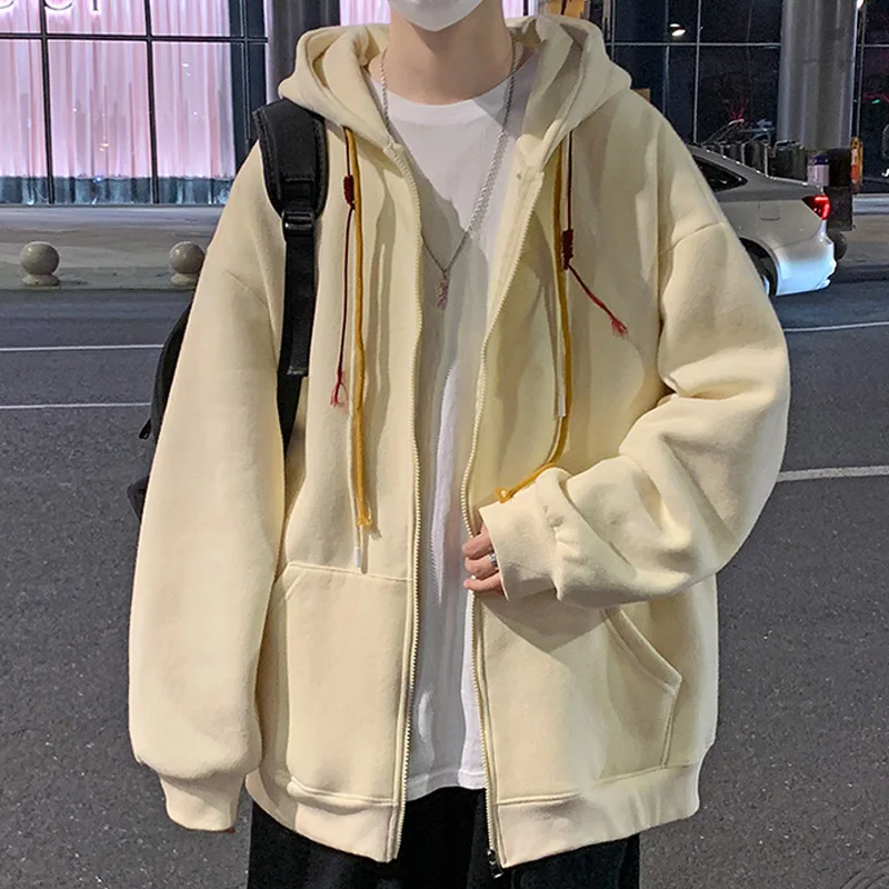 

Spring Men Hooded Coats Casual Zipper Hoodies Sweatshirts Solid Loose Mens Clothing Outerwear Khaki Black