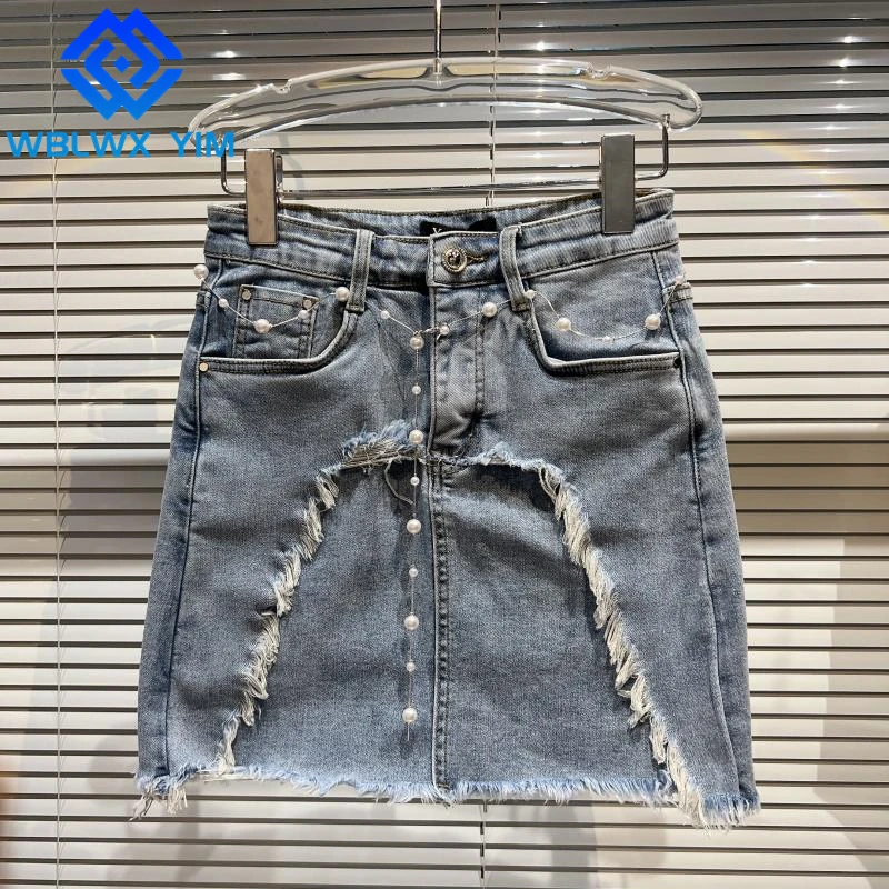 

Summer Women High Waist Denim Skirt Tassel Fashion Patchwork Pearl Waist Chain Short Skirt Female Pocket Loose Mini Jeans Skirts