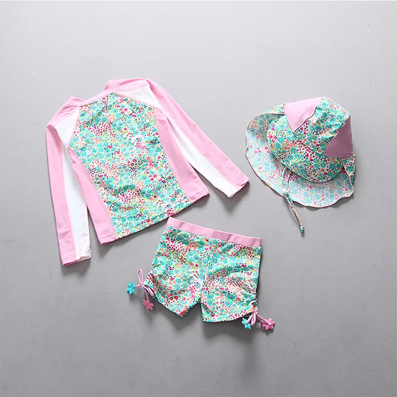 

Pink Floral Sun Hat 3-Piece Girl Swimwear Children 2022 Toddler Baby Swimsuit Kids 2-Piece Swimming Long Sleeves Swim Wear Suit