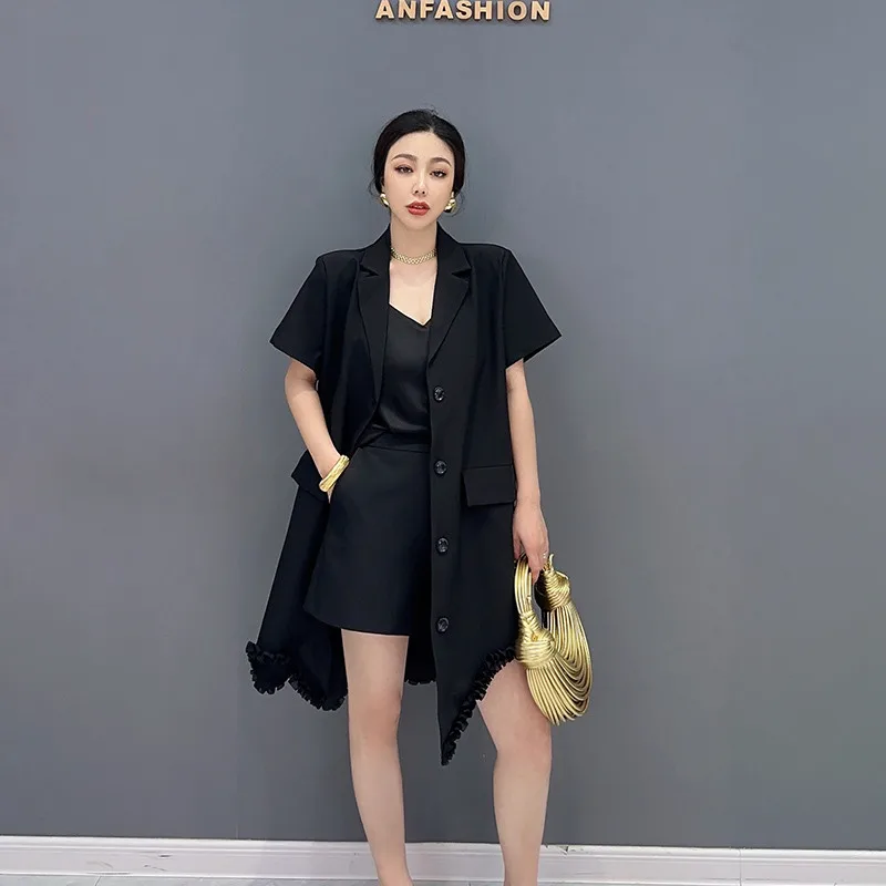

Solid Color Irregular Long Jacket Black Short Sleeve Outfit Turn Down Collar Thin Coat женская длинная куртка