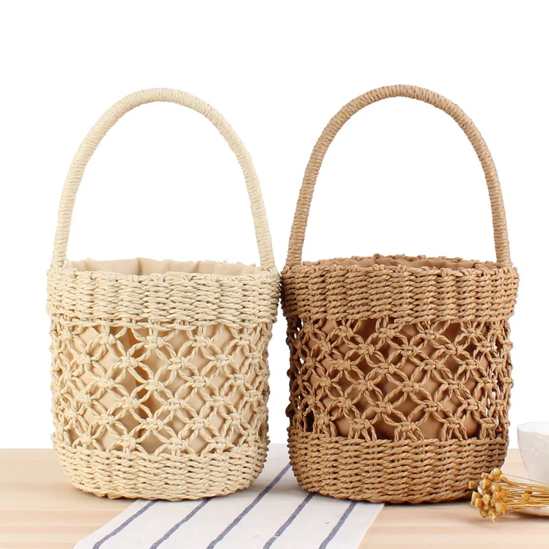 

Portable Bucket Woven Bag Women Hand-carrying Hollow Straw Bag Ins Summer Vacation Photo Beach Bag Girl Decorative Accessories