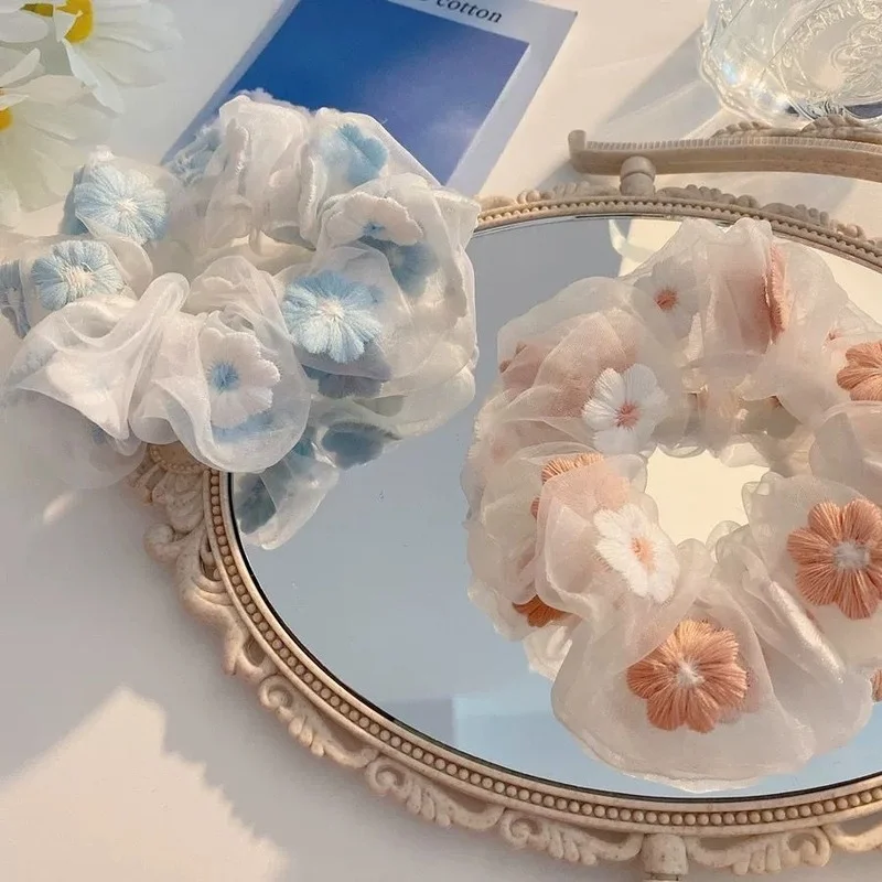 

Ladies Flowers Embroidered Scrunchies Holder Spring Organza Elastic Hair Bands Ties For Women Girls Hair Rings Accessories