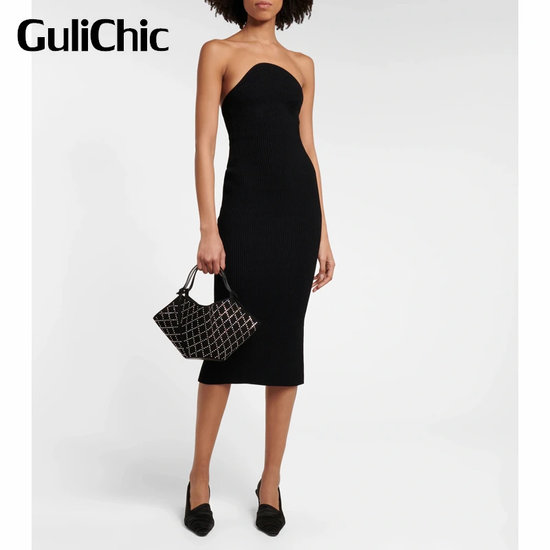 

5,9 GuliChic элегантное эластичное тонкое трикотажное платье миди без бретелек с разрезом сзади для женщин без пояса
