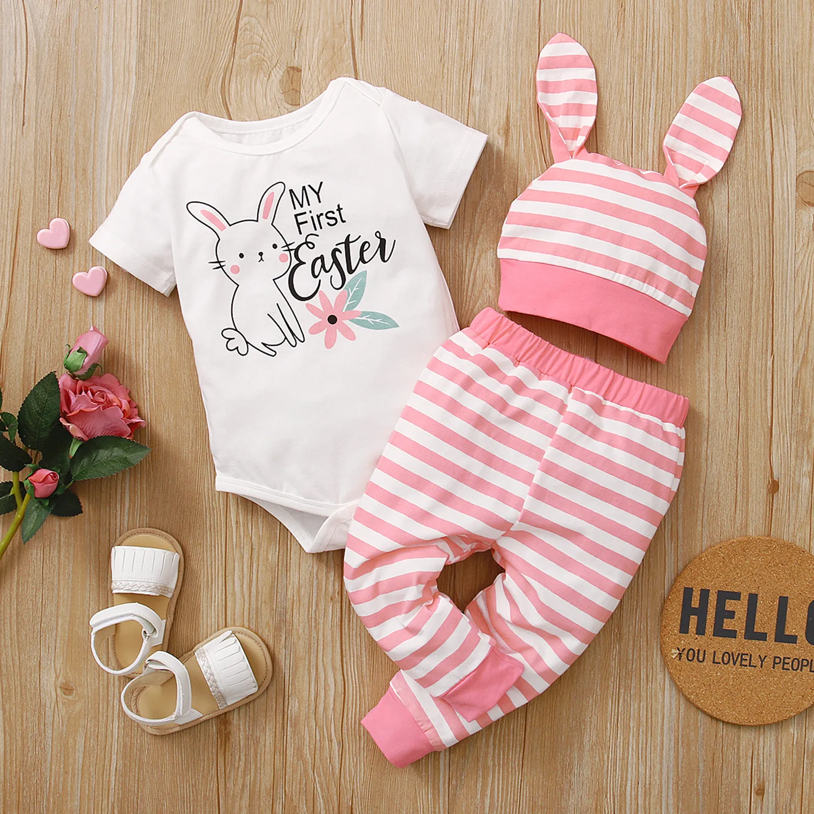 

My 1st Easter Baby Clothing Cartoon Rabbit Printed Bodysuit Striped Pants Hat Outfits Three Pieces Baby Boy Girl Clothing Set