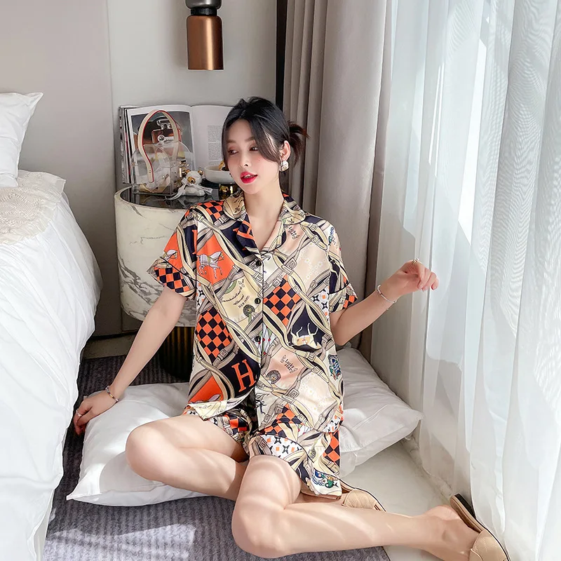 New pajamas women's ice silk short-sleeved shorts large size thin section simple loose can be worn outside the home clothes suit