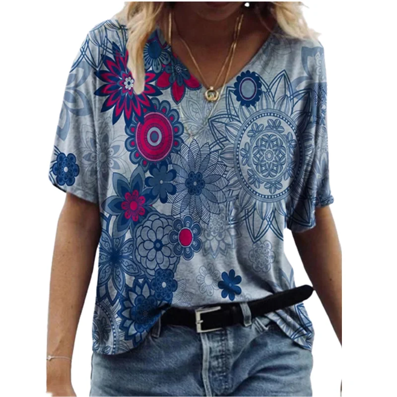 

3D Abstract Print Women T-shirt 2022 Casual Loose Short Sleeve V-Neck Oversized Female Streetwear Plus Size Top