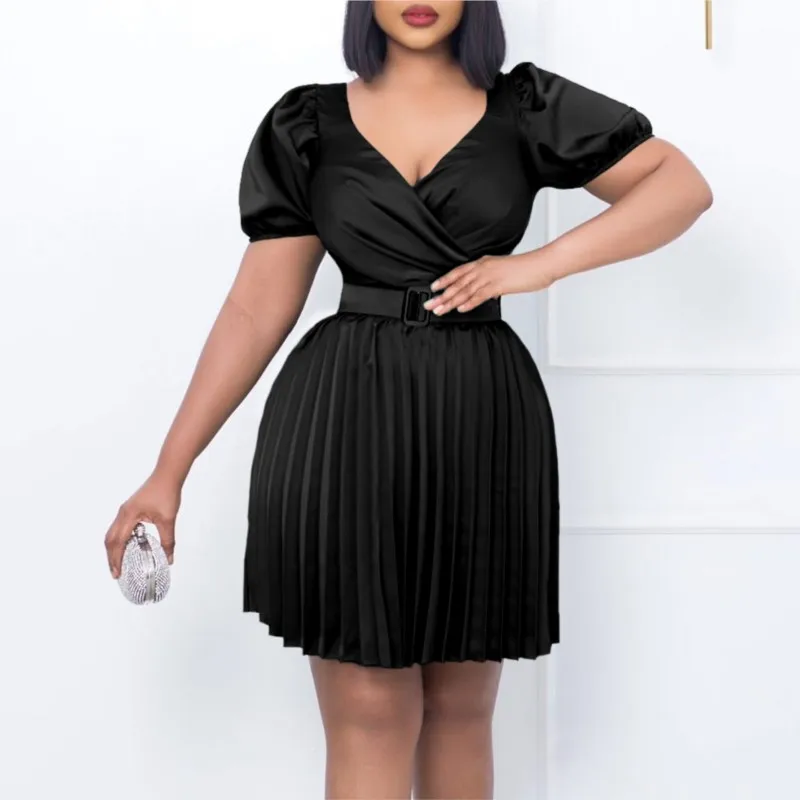 

Fashion Solid Pleated Dress Women's Summer New V Neck Waist Short Dress Short Sleeves Elegant Party Ankara Vestidos With Belt