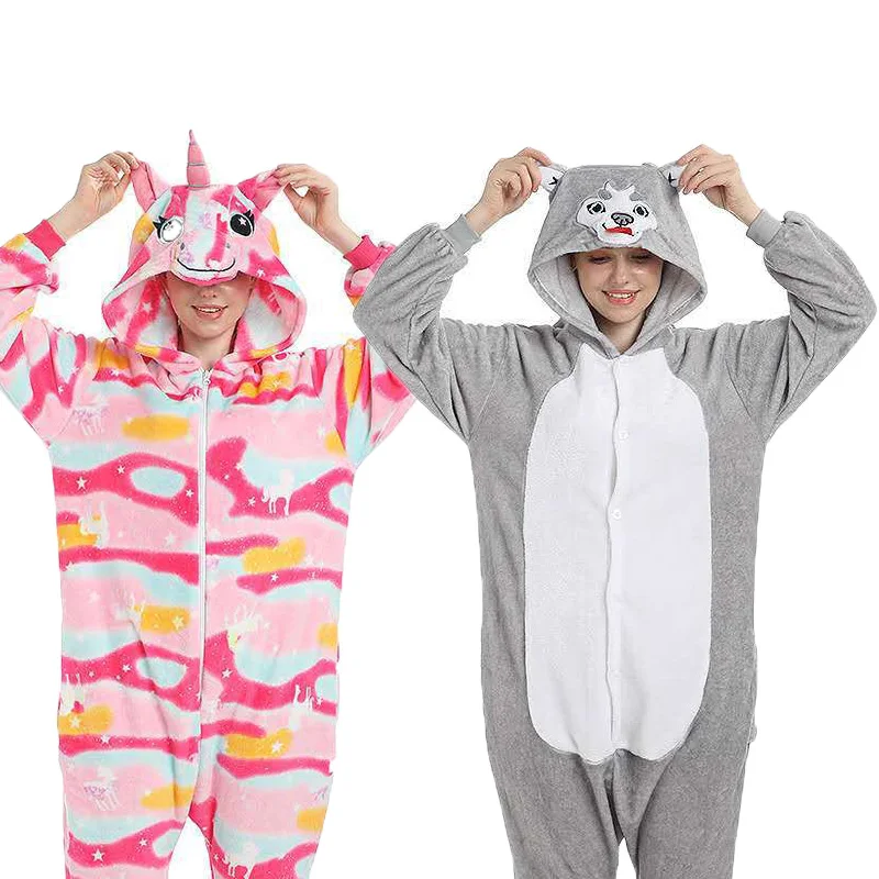 

Комбинезон для мальчиков и девочек, фланелевый комбинезон-кигуруми с рисунками животных, Розовый Единорог, цельнокроенная Ночная одежда для пар