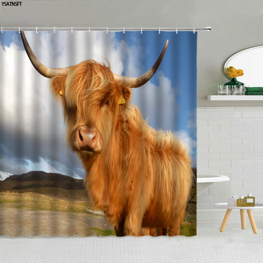 

Highland Cattle Shower Curtain Bull Longhorn Farmhouse Animal West Country Vintage Bathroom Decor Bath Courtain Set Fabric Hook
