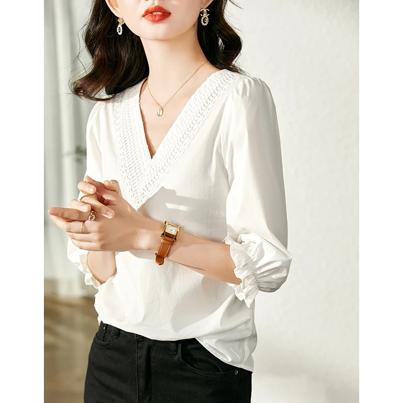 Рубашка VIMLY женская с V-образным вырезом элегантная белая Деловая блузка длинным