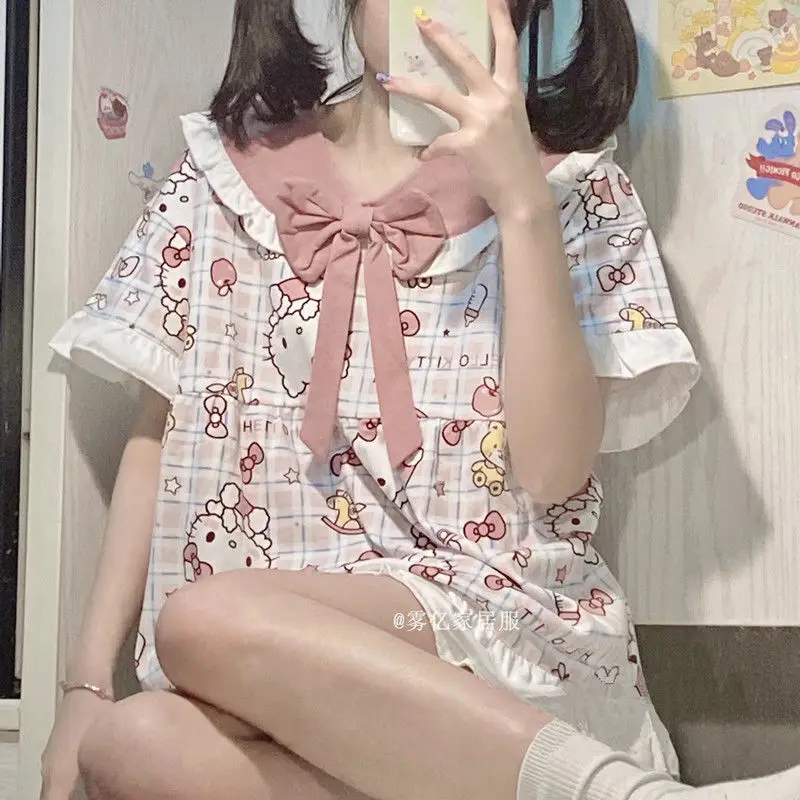 

Hello Kitty Woman summer sweet cartoon print cute bow short sleeve cardigan home suit