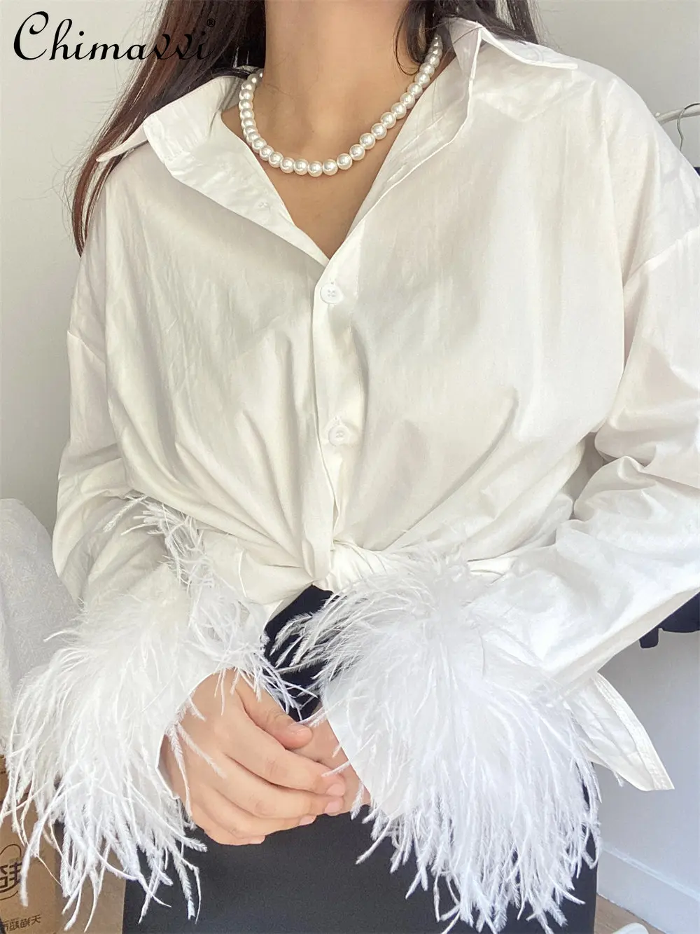 2022 Early Autumn New Ladies Fashion Ostrich Feather Lazy Style Blouses Top Women's Elegant Simple Loose Solid Long Sleeve Shirt