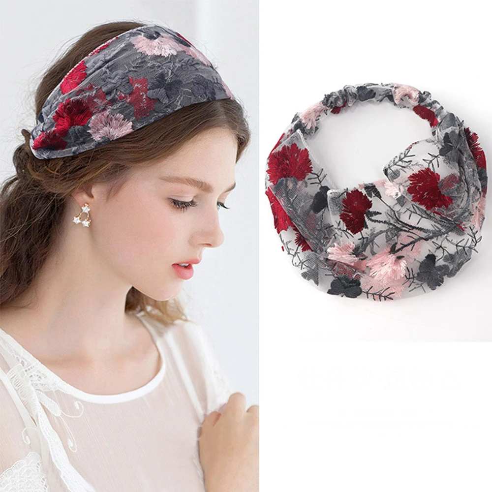 

Vrouwelijke Etnische Haarbanden Elastische Borduren Kant Bloem Hoofdband Chiffon Head Wrap Bezel Voor Vrouwen Cross Geknoopt Haa
