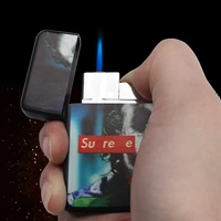 wholesale creative color printing windproof blue jet flame cigarette lighter metal inflatable butane lighter smoking accessories