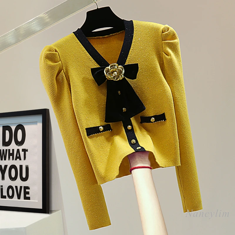 Вязаные кардиганы с длинными рукавами и бантом в тон женские весенне-зимние