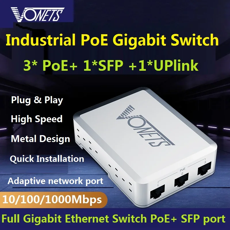 VONETS Industrial Gigabit Switch POE 1000M 5 Ports Gigabit Ethernet Network Switch Ethernet RJ45 Splitter Plug&Play Metal VSP510