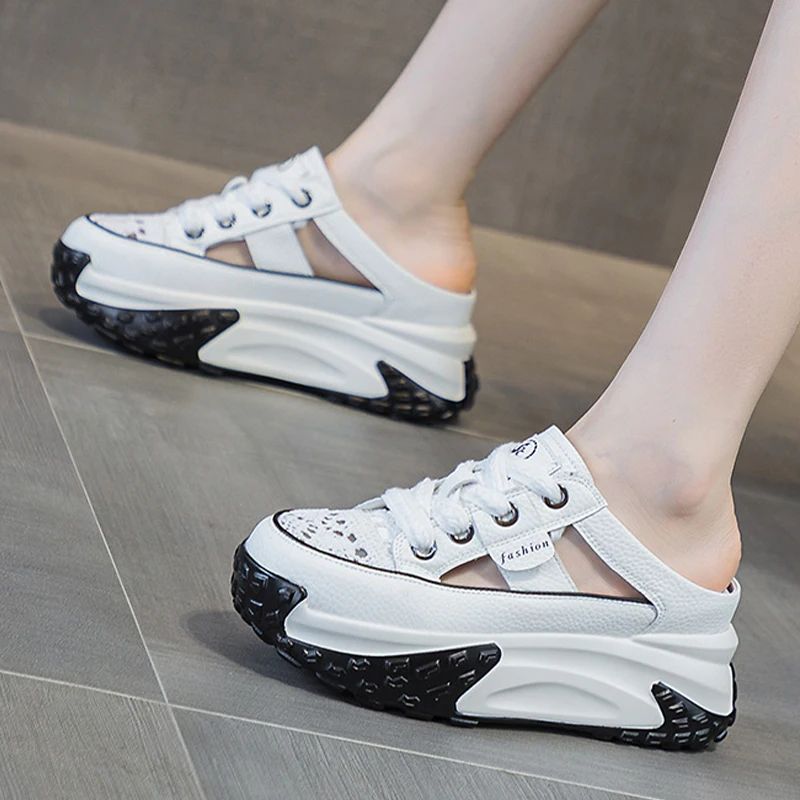 7cm Lace Genuine Leather Slides Hollow Ladies Summer Slippers Breathable Ankle Boots Women Platform Sandals Wedge Woman Shoes