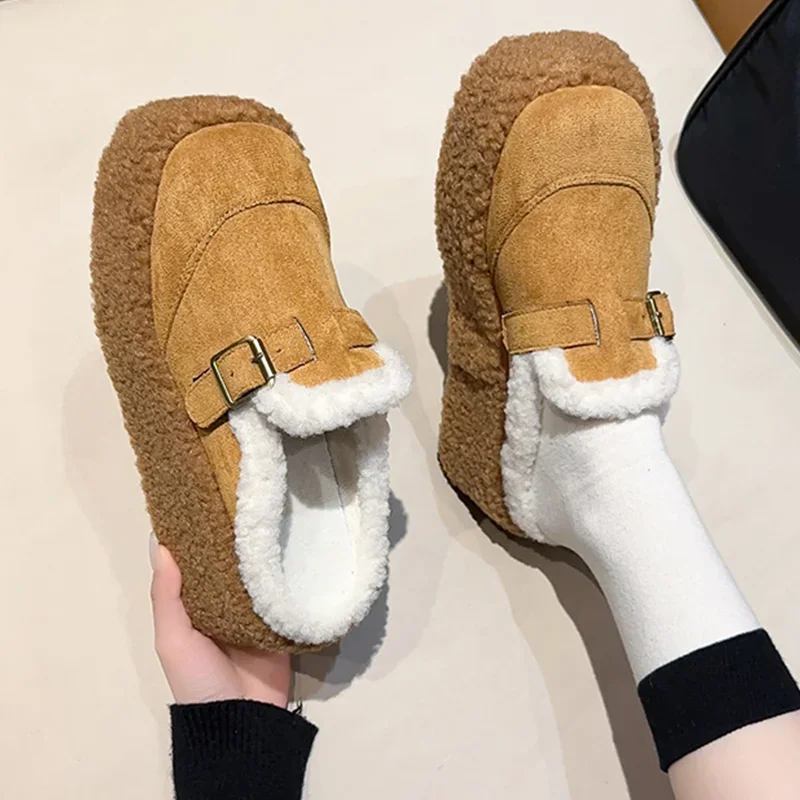 

Women Fur Wedges Slippers Platform Mules 2024 Winter Fashion Square Toe Warm Shoes Plush Slingback Shoes Suede Flip Flops Mujer