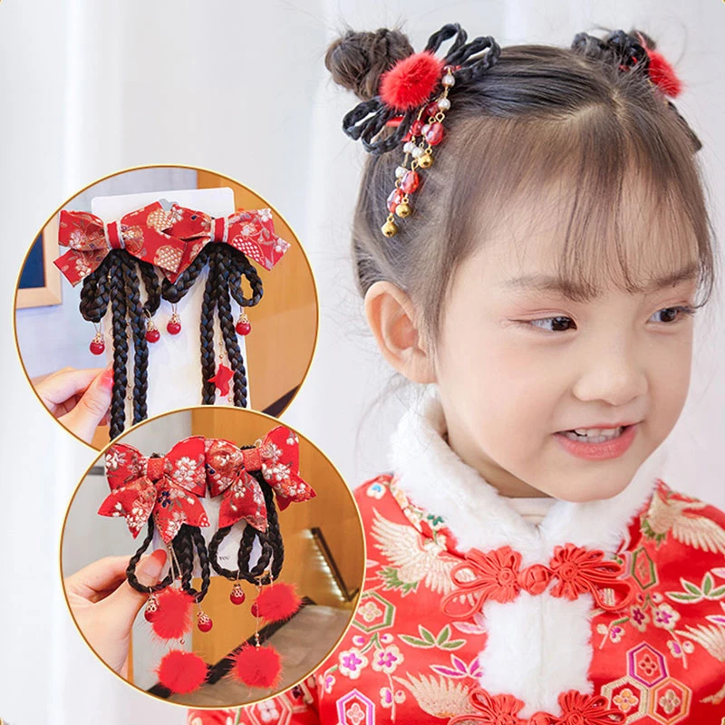 

Chinese Style New Year Festive Cute Children's Hanfu Headdress Sweet Girl Tang Suit Bow Tassel Wig Braid Hair Pin Hair Accessory