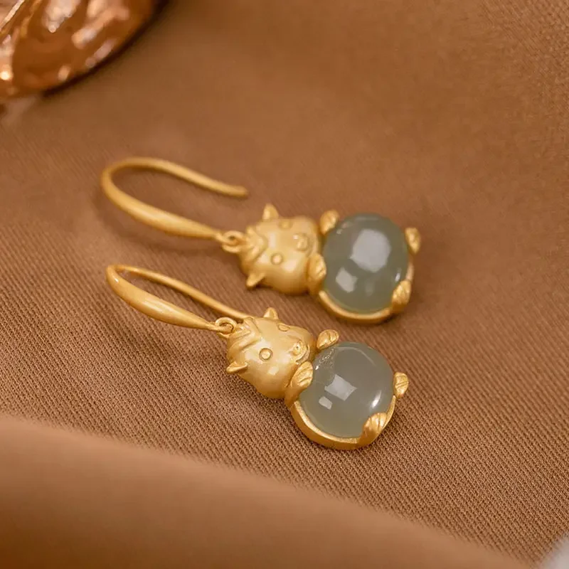 Старинное золото инкрустированные натуральной яшмой гетянь милые серьги в виде