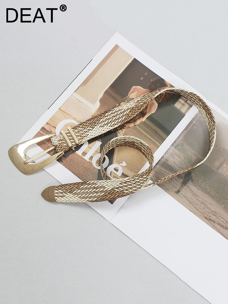 

DEAT Fashion Women's Belt Knitted Metal Buckle Golden Adjustable Waist Retraction Waistband Female Summer 2023 New Tide 17A9104