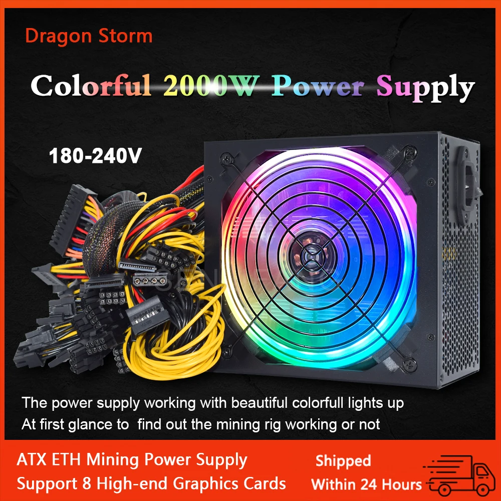Блок питания для майнинга ATX 2000 Вт и т. Д. RVN, яркая поддержка для майнинга BTC, 8 высококлассных графических карт, GPU для ПК, PSU 180-240 В