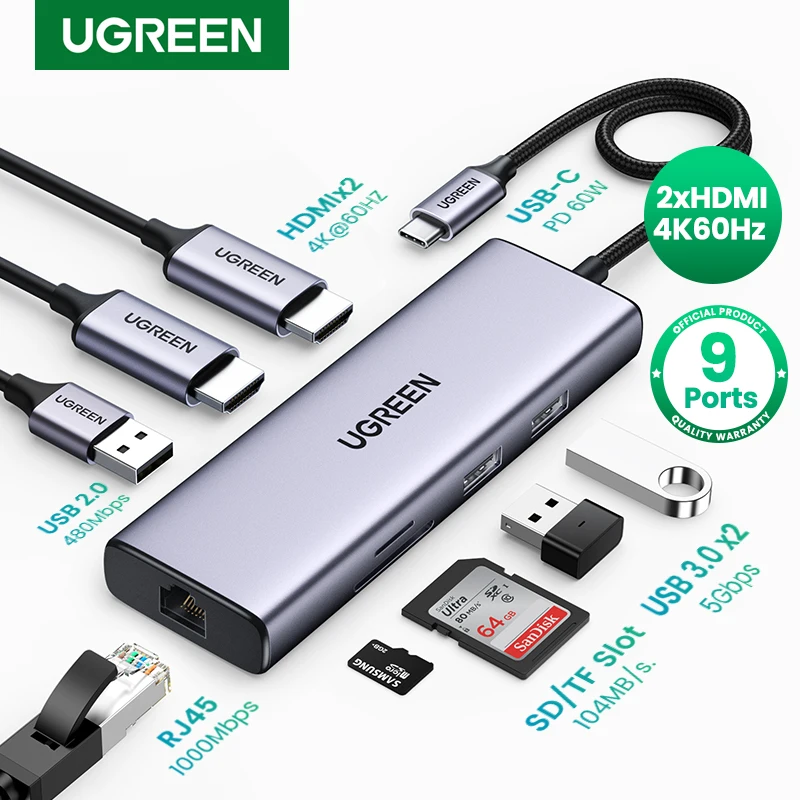 UGREEN USB C HUB 4K60Hz USB C to 2xHDMI 2.0 RJ45 USB 3.0 PD Adapter for Macbook iPad Pro Air M2 M1 PC Accessories USB C Splitter