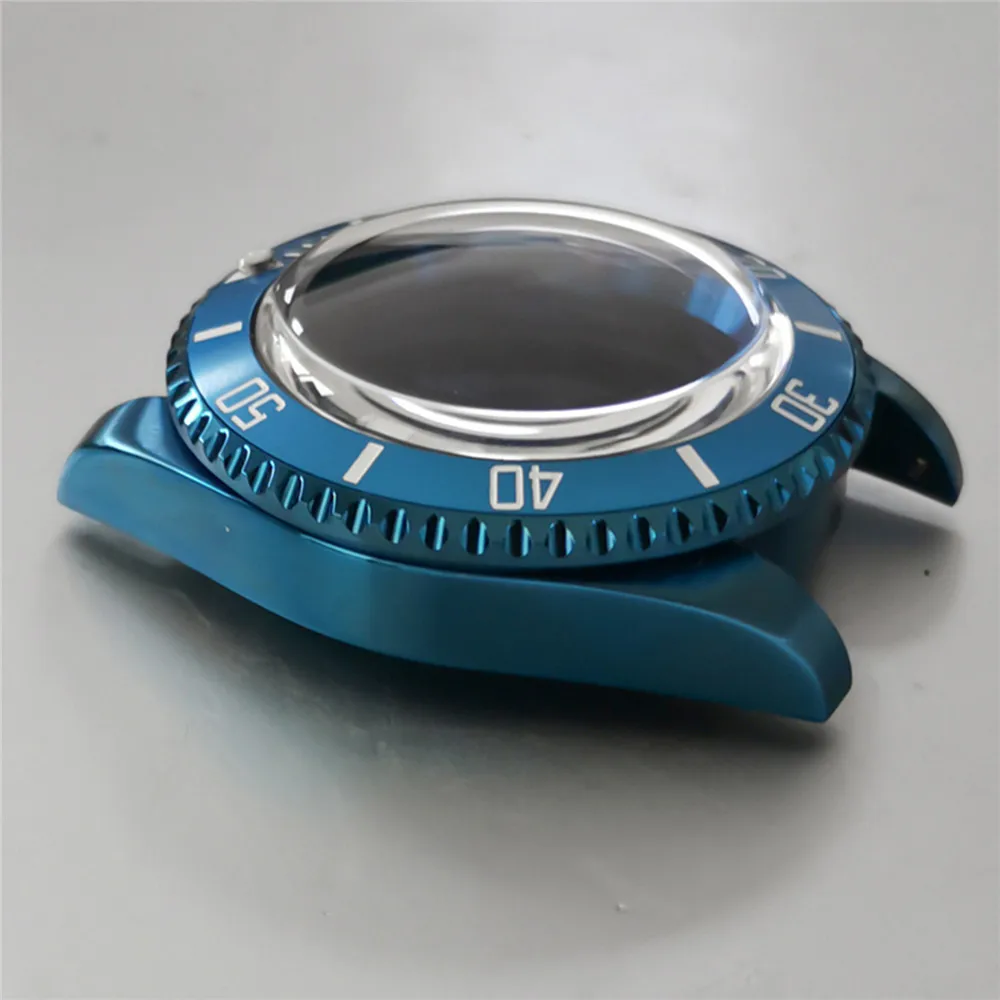 

40MM Synthetic Sapphire Glass Watch Case For NH35/NH36 Movement Electroplated Blue SUB Bezel Bubble Mirror Case