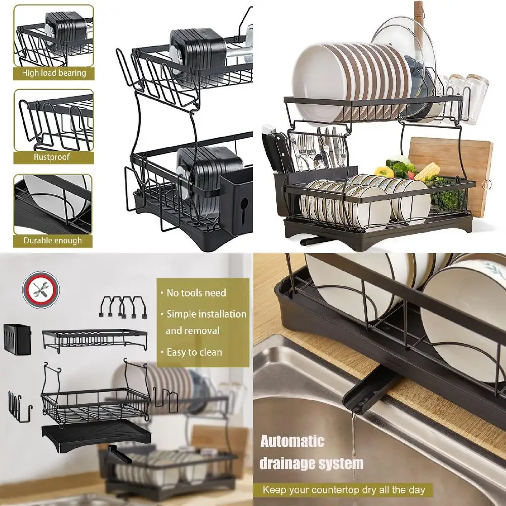 

Tier Dish Drying Rack With Drain Board Large Capacity Stainless Steel for Kitchen Counter