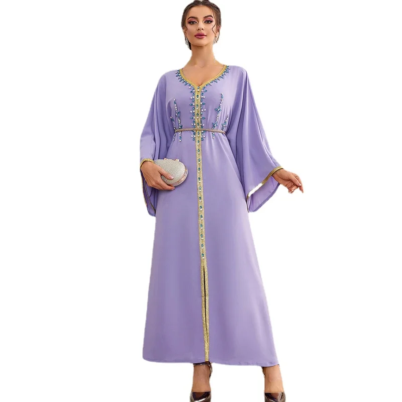 

Muslim Woman Dress Eid 2022 Dubai Marocain Caftan Khaki Hand Sewn Diamond Party Robe Fashion V Neck Raglan Long Sleeve