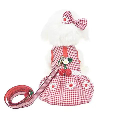 

3Pcs Pink Flower Dog Dress Harness with Matching Leash Set Small Dog Pet Cat Clothes Shirt Costume Dog Skirt,Dress,Hair Bow