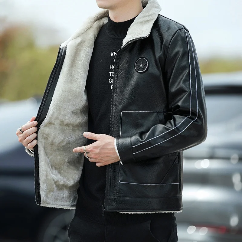 Кожаное пальто Дятел мужское кожаное с меховым воротником модная повседневная