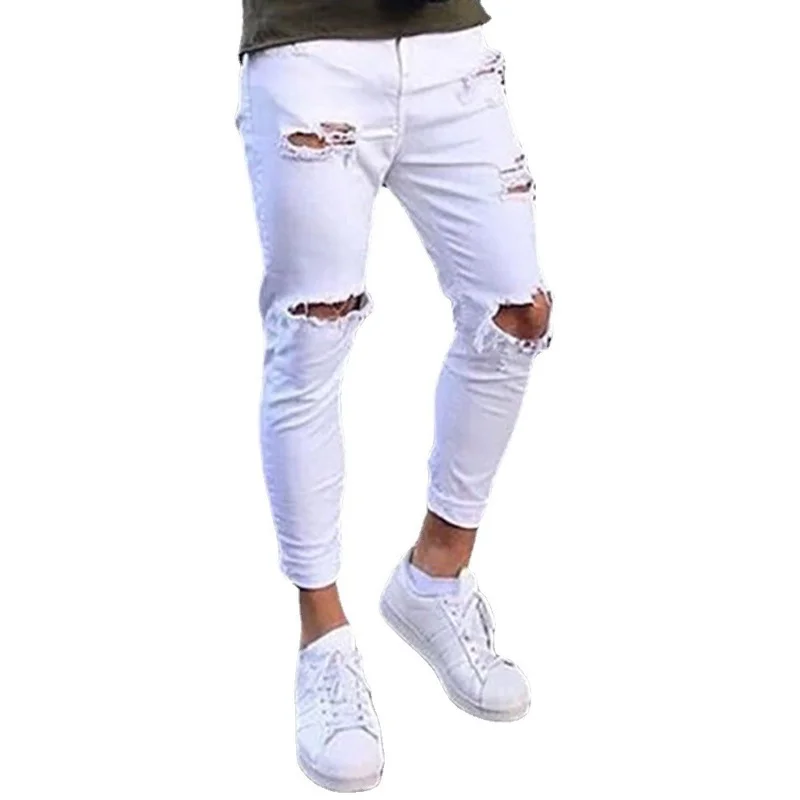 Men's Jeans Spring and Summer Fashion Solid Color Slim Ripped Jeans Men's Casual Button Mid-Waist Denim Pencil Pants Trousers