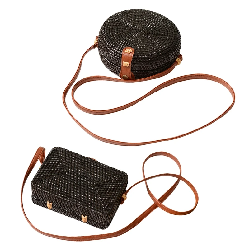 

Black Beach Retro Rattan Bag Woven Handmade Ladies Round Sling Straw Bag