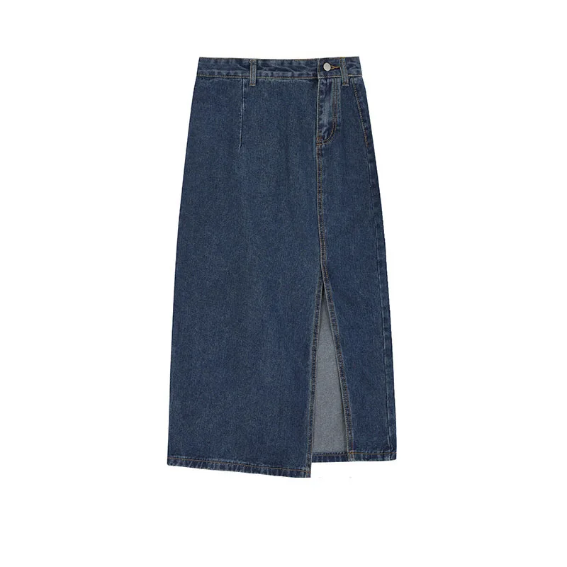 

Vintage Blue Denim Skirt Women's Summer New High Waist Thin Split Straight Tube Hip Wrap Skirt
