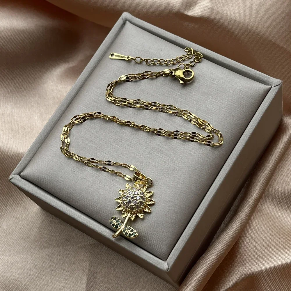 wysokiej jakości zielony CZ naszyjnik w kształcie słonecznika dla kobiet kolorze złotym moda wszechstronna biżuteria na szyję miły prezent