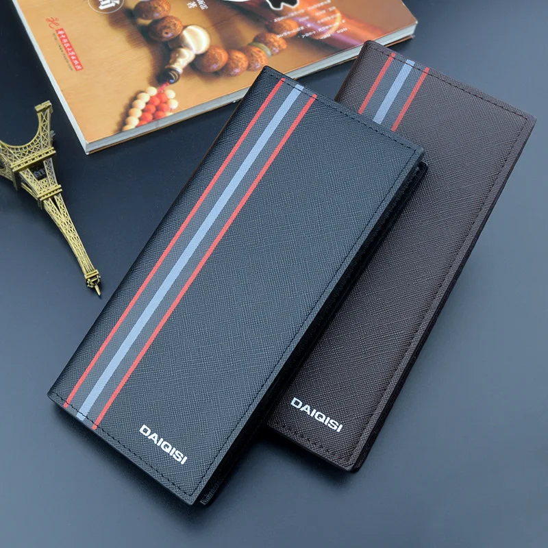 

Men's Long Wallet Ultra-thin Fashion Stripe Large Capacity Leather Billfold ID Credit Card Holder Gentleman Business Purse
