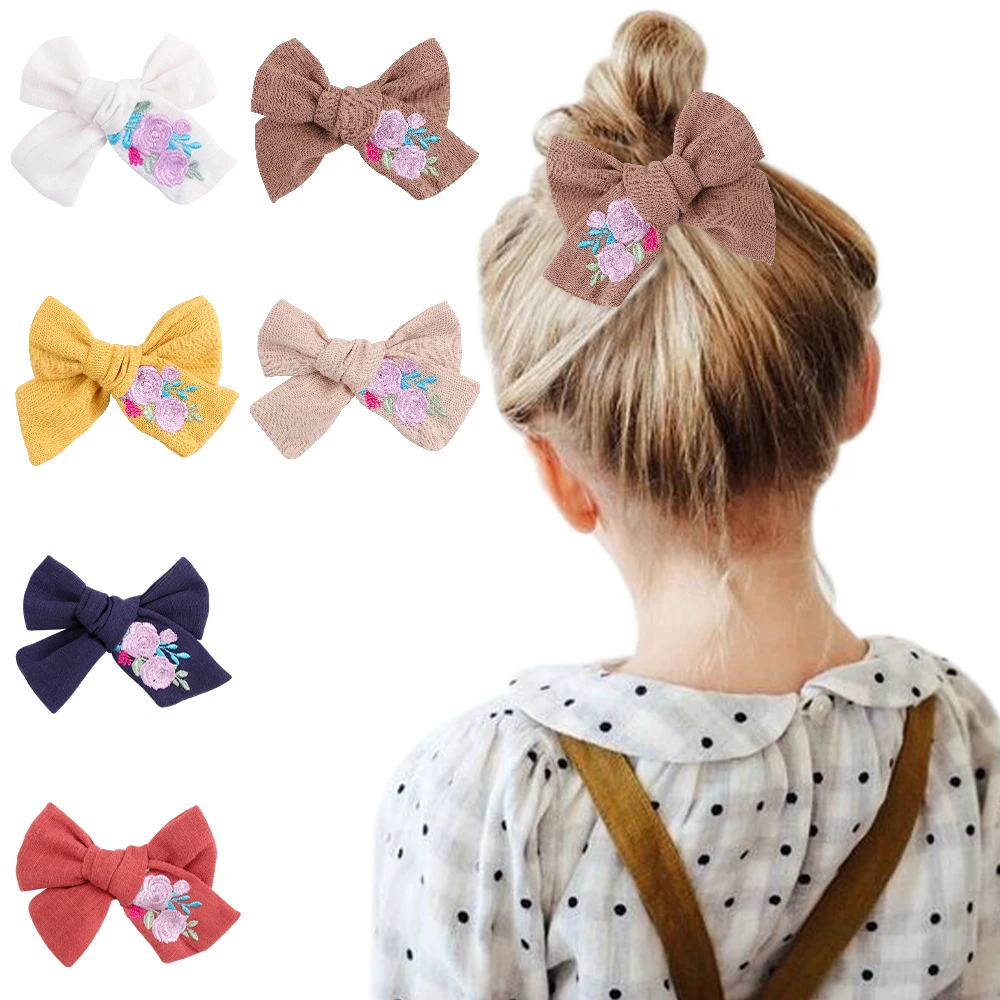 

2pcs/set Hair Bows Hair Clips for Girls 4inch Cloth Bows Hair Clip Embroidery Print Floral Hairpin Barrettes Hair Accessories