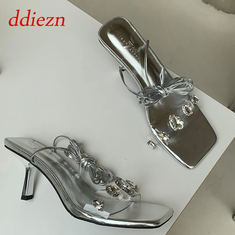 

Summer Women Pumps Heeled Sandals Fashion Transparent Cross-Tied Female Footwear Crystal High Heels Sandals Ladies Shoes